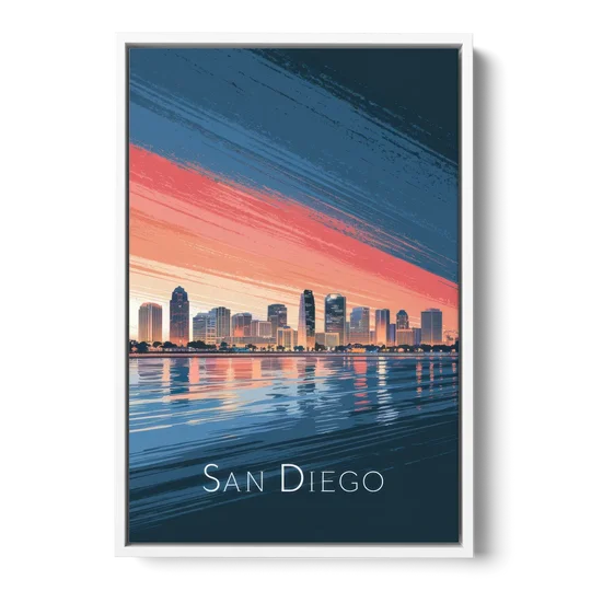 San Diego Urban Skyline - White Framed Canvas Wall Art - Front