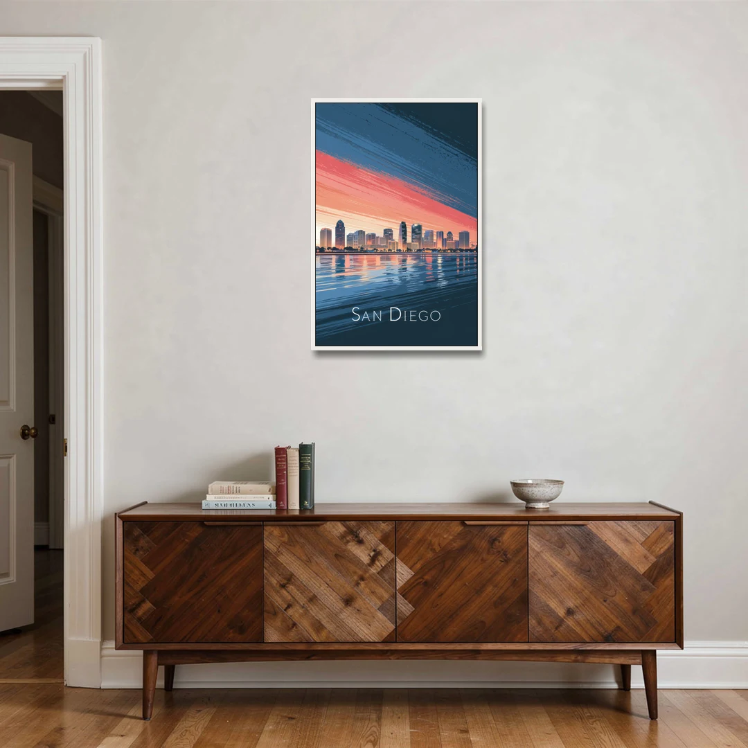 San Diego Urban Skyline - White Framed Canvas Wall Art - Coffee Table - 24x36