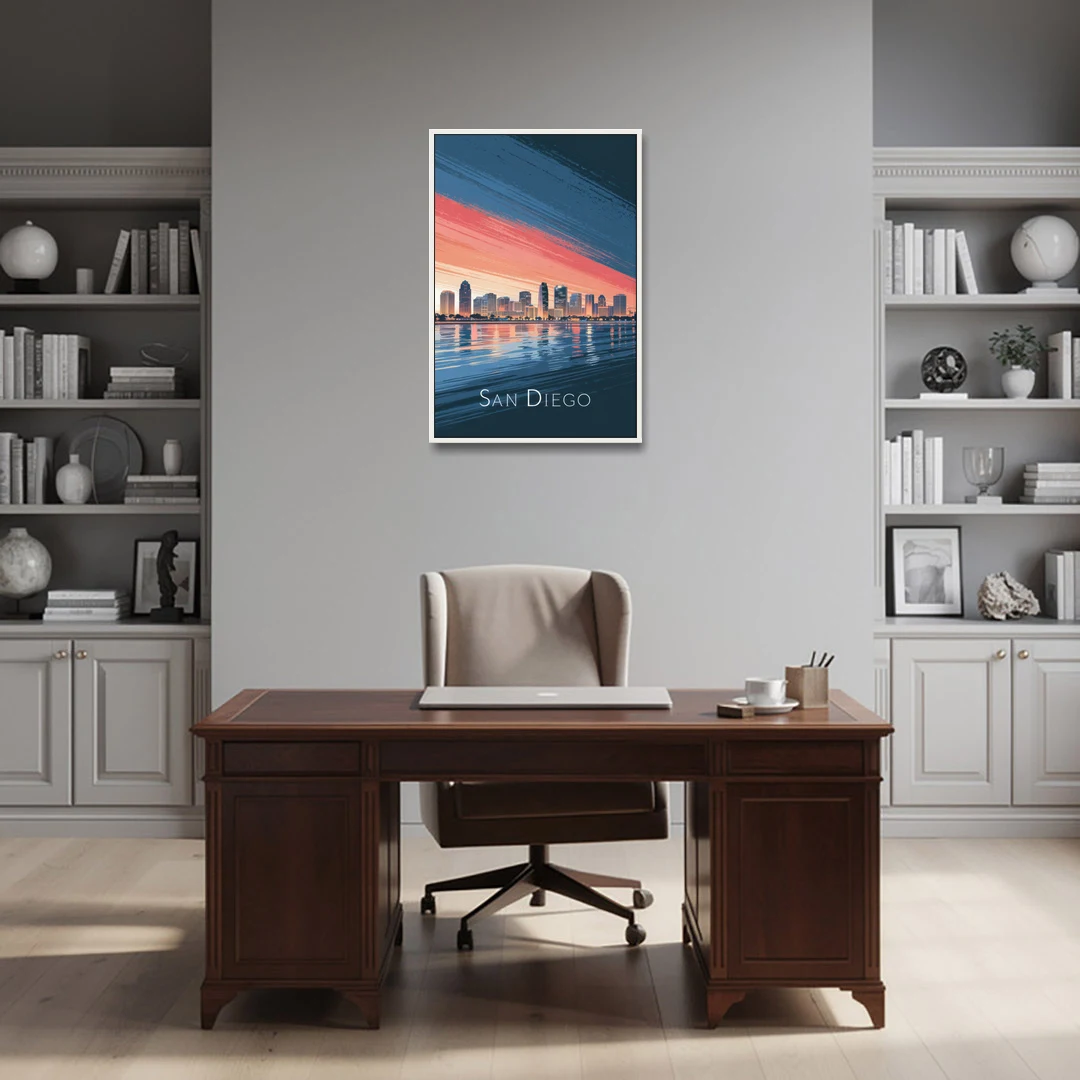 San Diego Urban Skyline - White Framed Canvas Wall Art - Office - 24x36