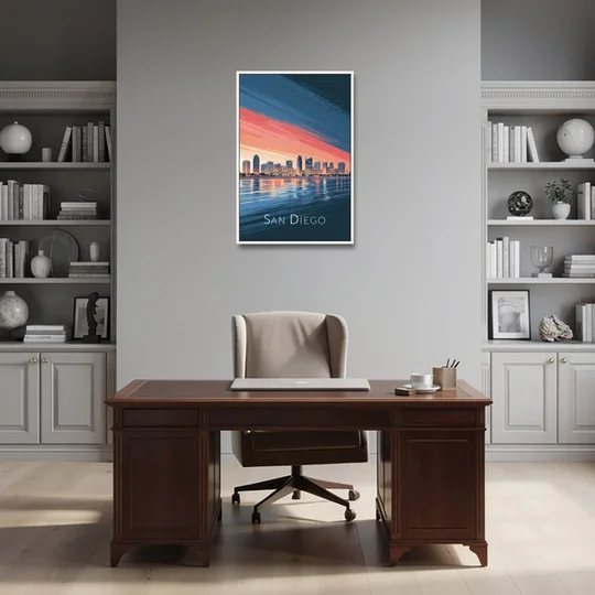 San Diego Urban Skyline - White Framed Canvas Wall Art - Office - 24x36