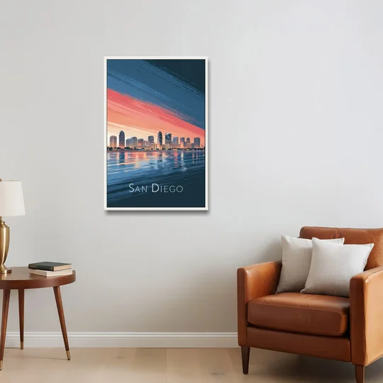 San Diego Urban Skyline - White Framed Canvas Wall Art - Sofa - 24x36