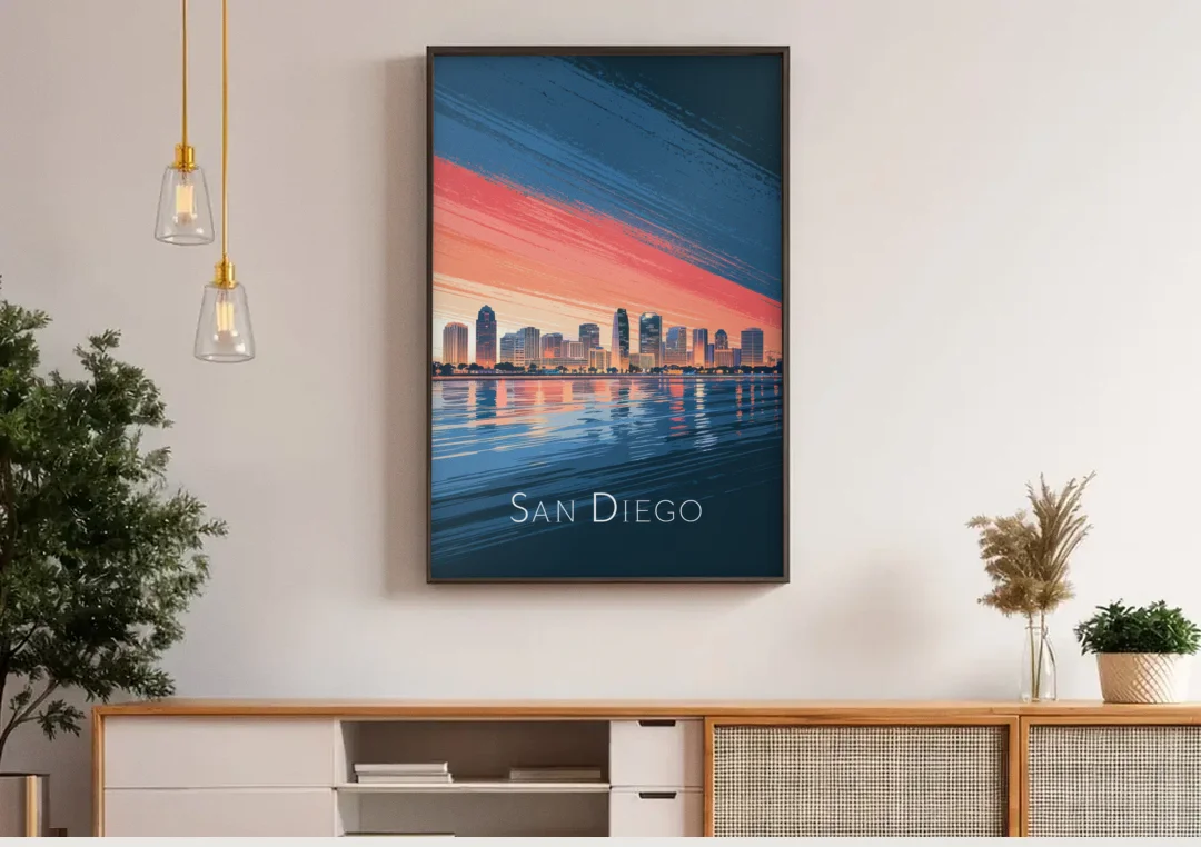 San Diego Urban Skyline canvas wall art above a wooden sideboard under pendant lights