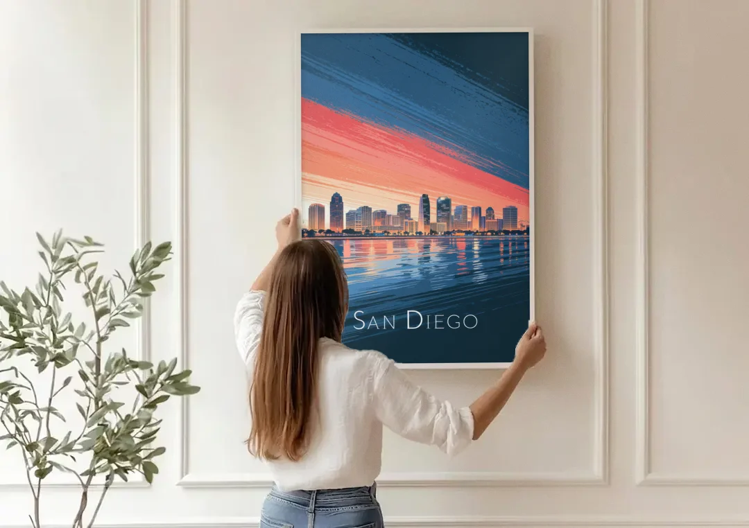 San Diego Urban Skyline canvas wall art being hung on a paneled wall