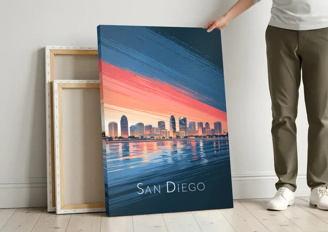 San Diego Urban Skyline canvas wall art leaning against a wall next to blank canvases