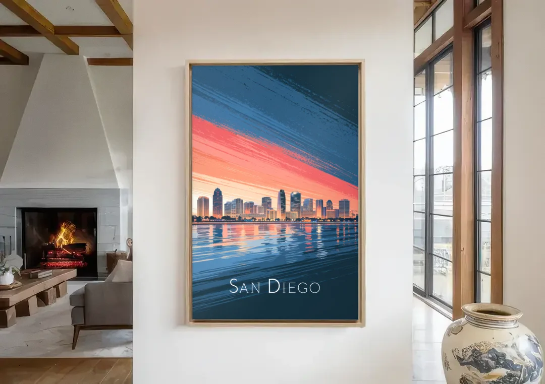San Diego Urban Skyline canvas wall art in a living room with a fireplace