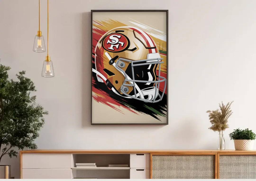 San Francisco 49ers Abstract Impressionistic Wall Art canvas wall art above a wooden sideboard under pendant lights