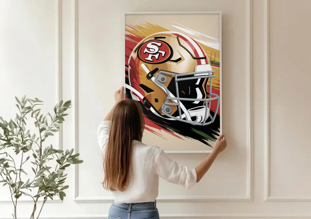 San Francisco 49ers Abstract Impressionistic Wall Art canvas wall art being hung on a paneled wall