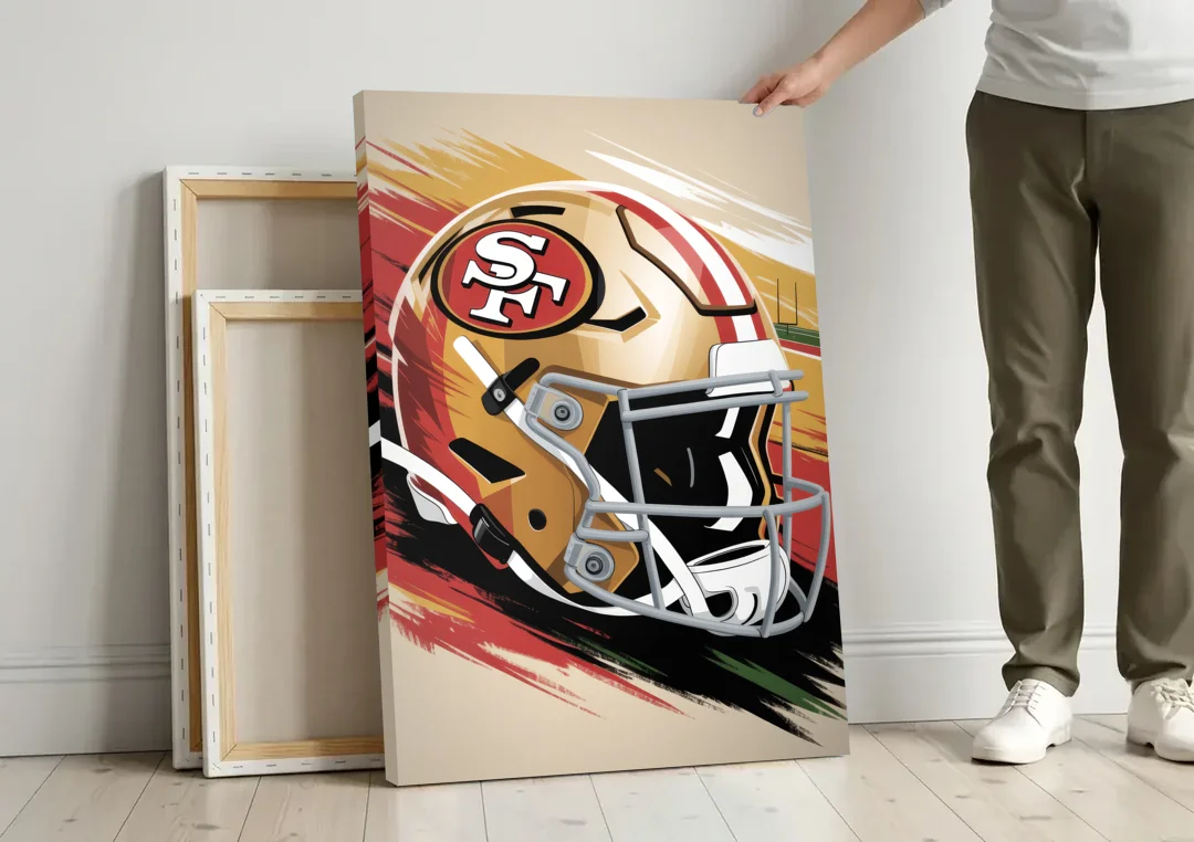 San Francisco 49ers Abstract Impressionistic Wall Art canvas wall art leaning against a wall next to blank canvases