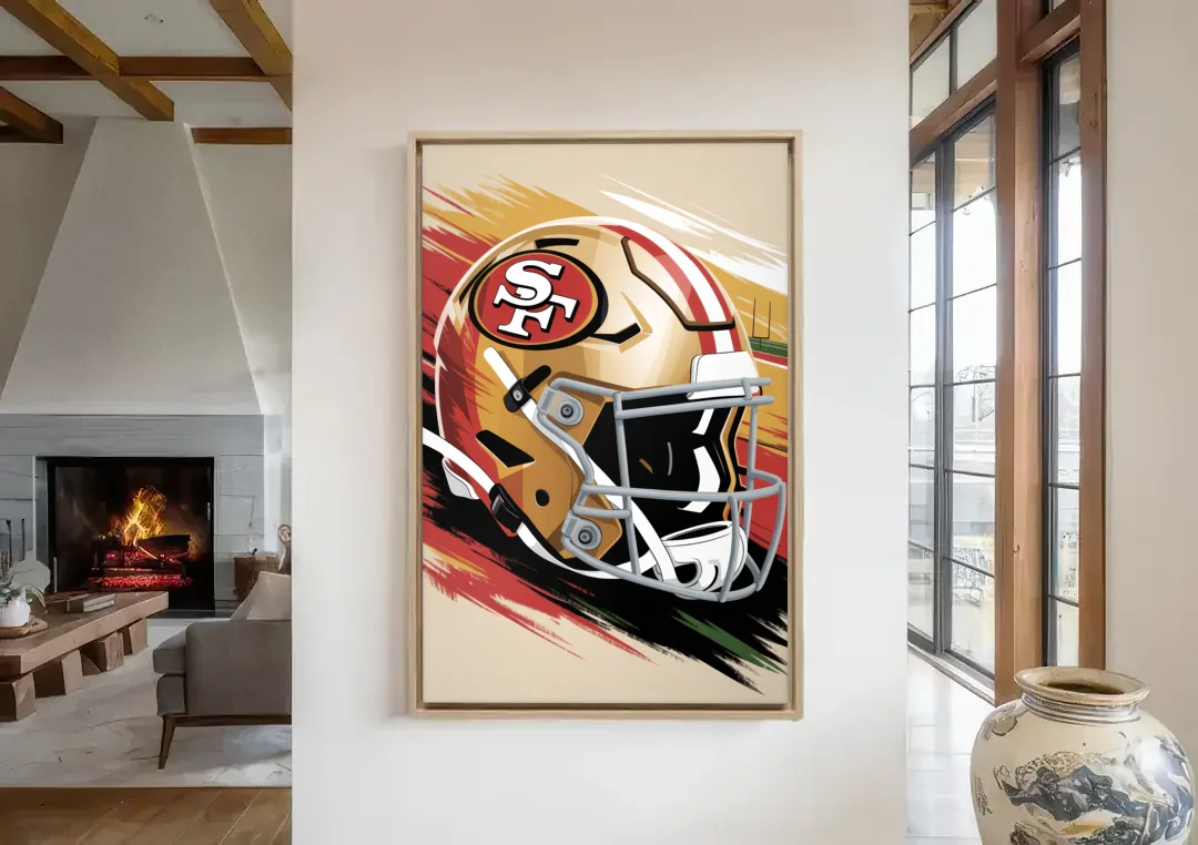 San Francisco 49ers Abstract Impressionistic Wall Art canvas wall art in a living room with a fireplace
