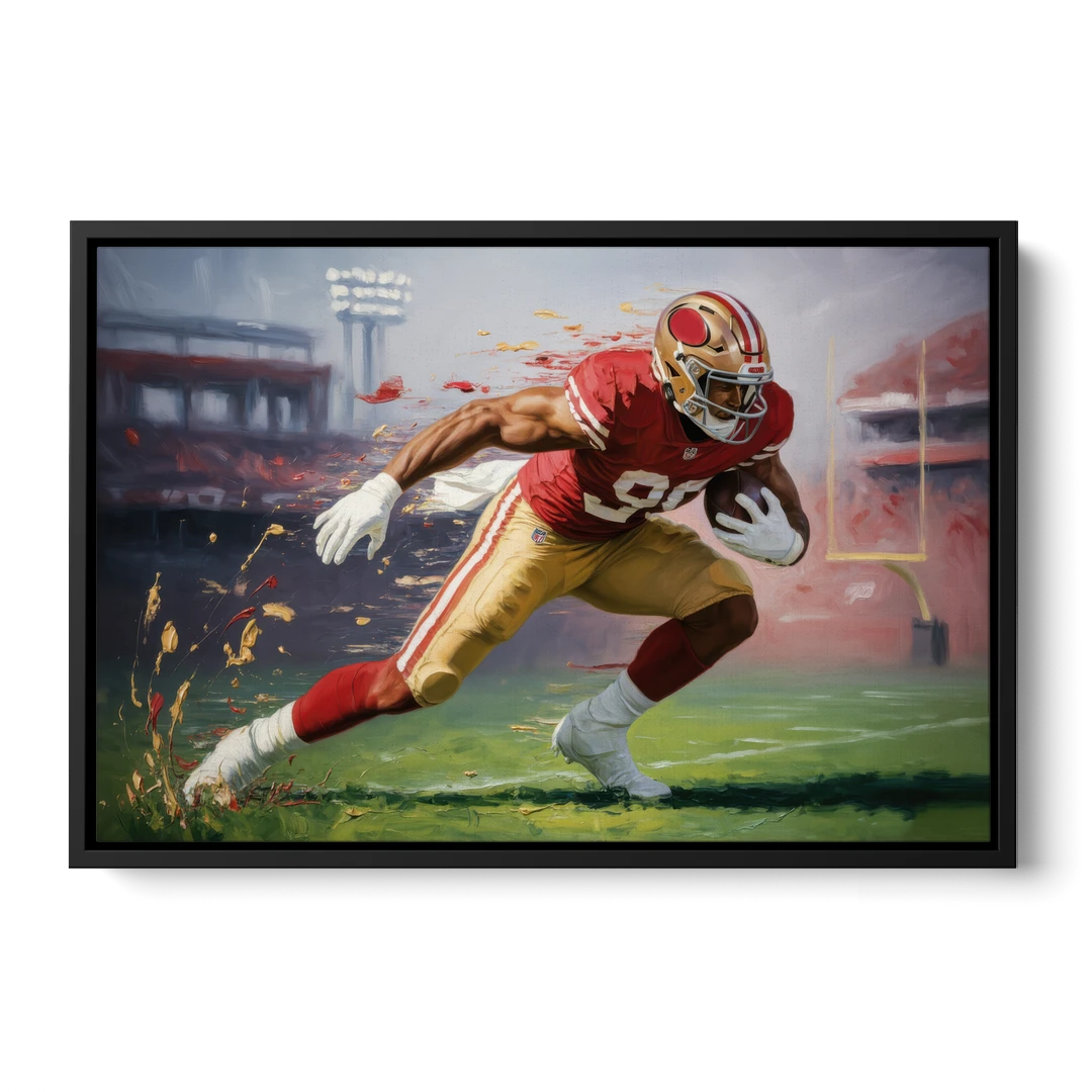 San Francisco 49ers Dynamic Impressionistic Action Art - Black Framed Canvas Wall Art - Front