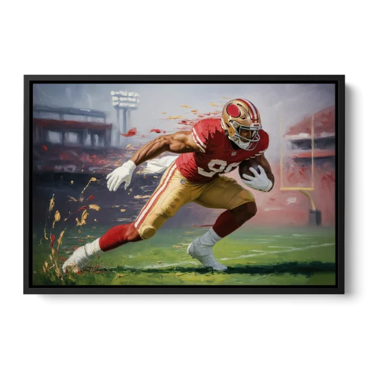 San Francisco 49ers Dynamic Impressionistic Action Art - Black Framed Canvas Wall Art - Front