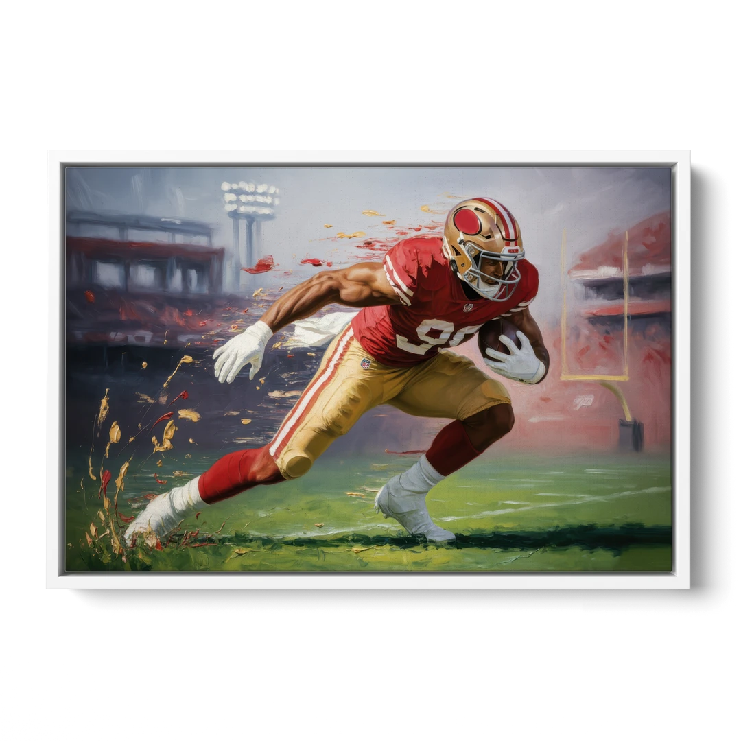 San Francisco 49ers Dynamic Impressionistic Action Art - White Framed Canvas Wall Art - Front