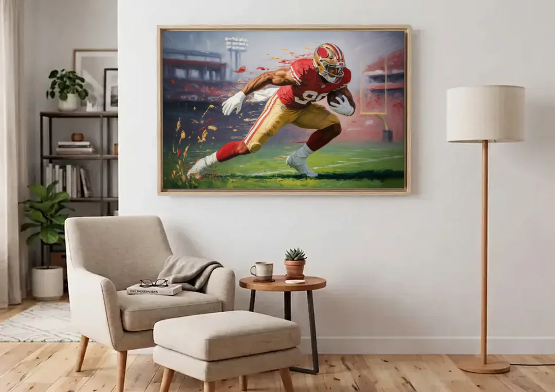 San Francisco 49ers Dynamic Impressionistic Action Art canvas wall art above an armchair in a bright living room