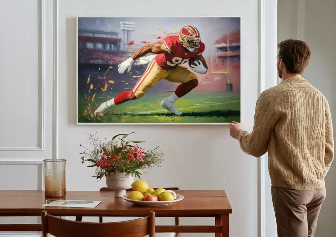 San Francisco 49ers Dynamic Impressionistic Action Art canvas wall art above a dining table