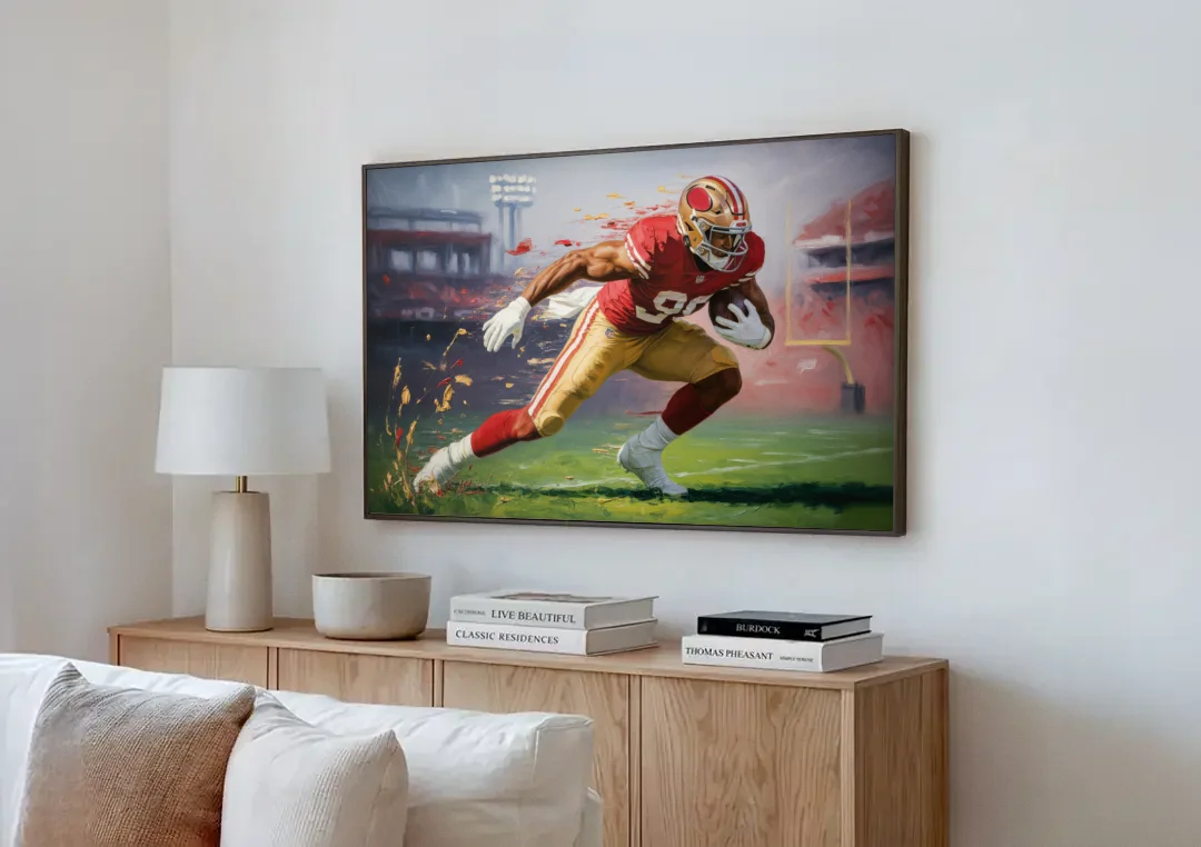 San Francisco 49ers Dynamic Impressionistic Action Art canvas wall art above a wooden sideboard next to a sofa