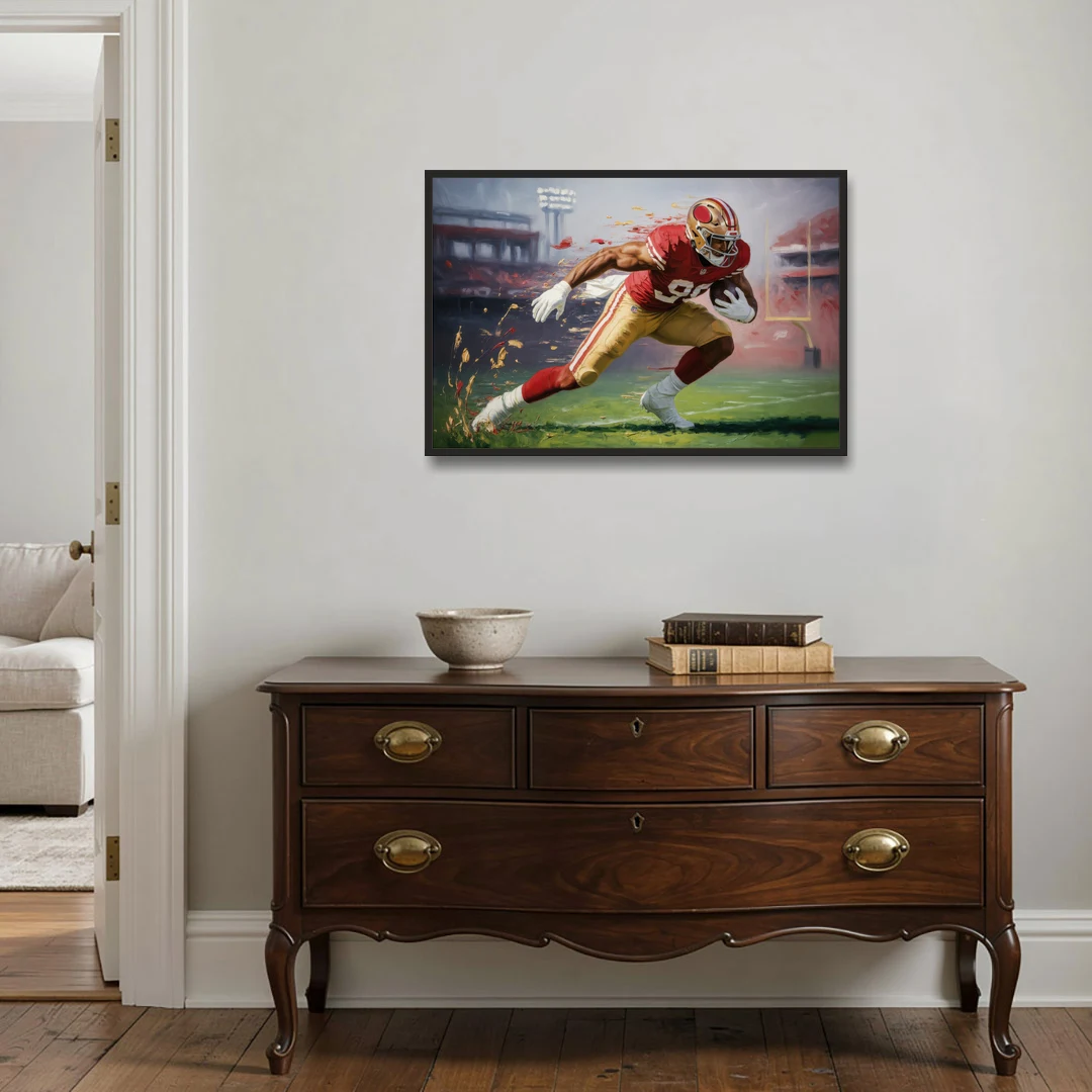 San Francisco 49ers Dynamic Impressionistic Action Art - Black Framed Canvas Wall Art - Coffee Table - 36x24