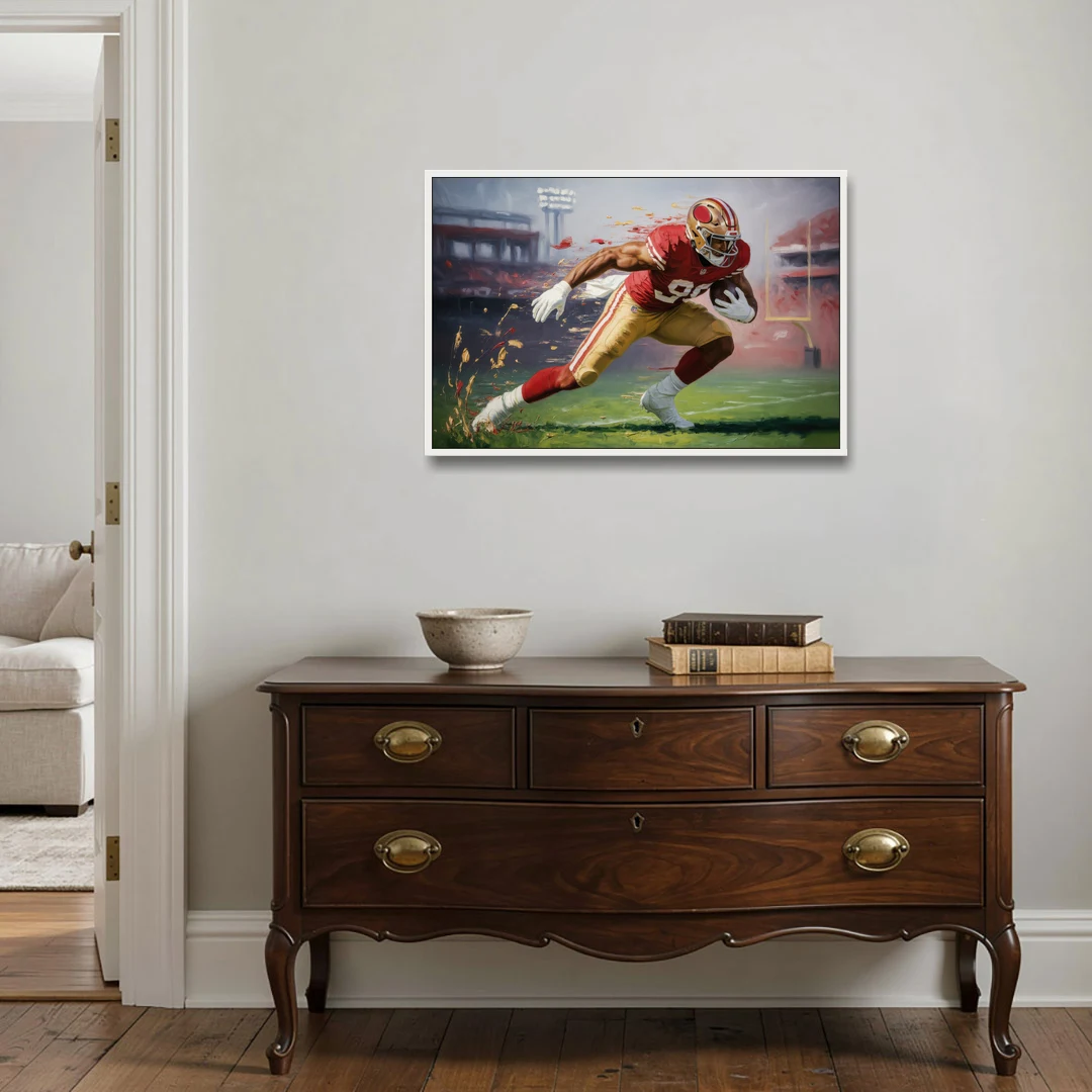 San Francisco 49ers Dynamic Impressionistic Action Art - White Framed Canvas Wall Art - Coffee Table - 36x24