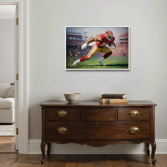 San Francisco 49ers Dynamic Impressionistic Action Art - White Framed Canvas Wall Art - Coffee Table - 36x24