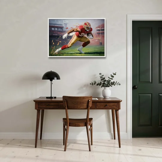 San Francisco 49ers Dynamic Impressionistic Action Art - White Framed Canvas Wall Art - Office - 36x24
