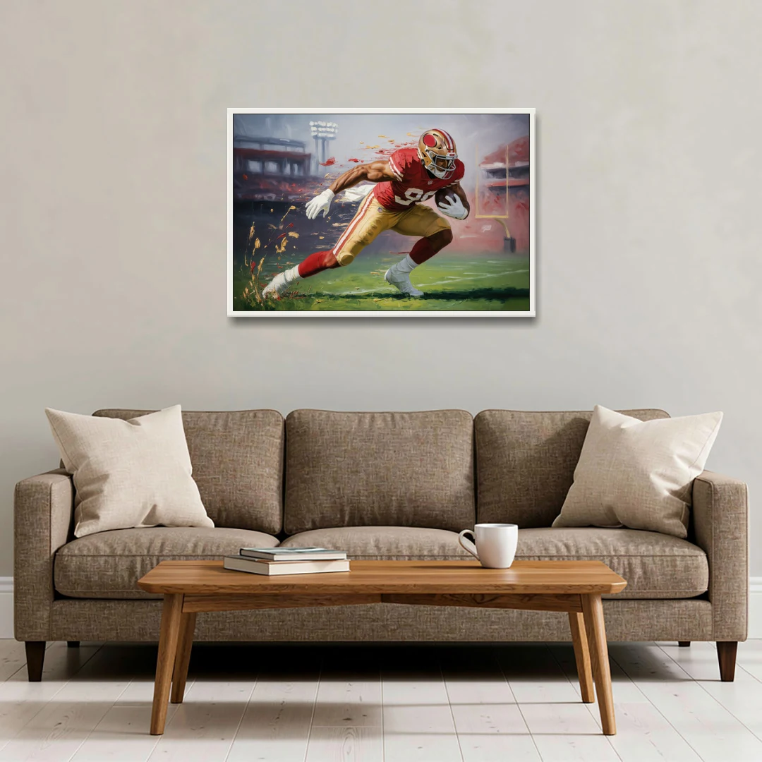 San Francisco 49ers Dynamic Impressionistic Action Art - White Framed Canvas Wall Art - Sofa - 36x24