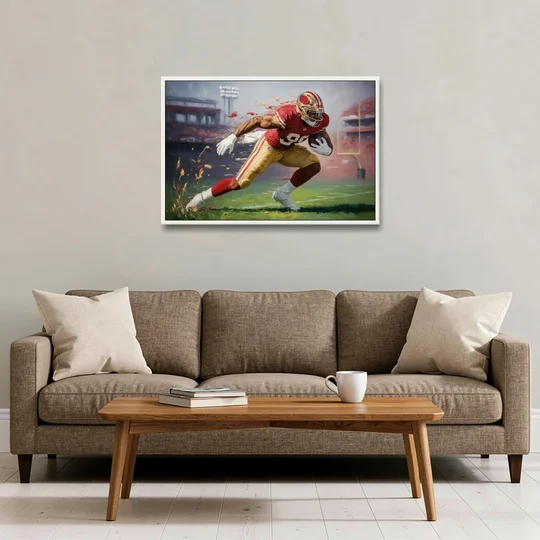 San Francisco 49ers Dynamic Impressionistic Action Art - White Framed Canvas Wall Art - Sofa - 36x24