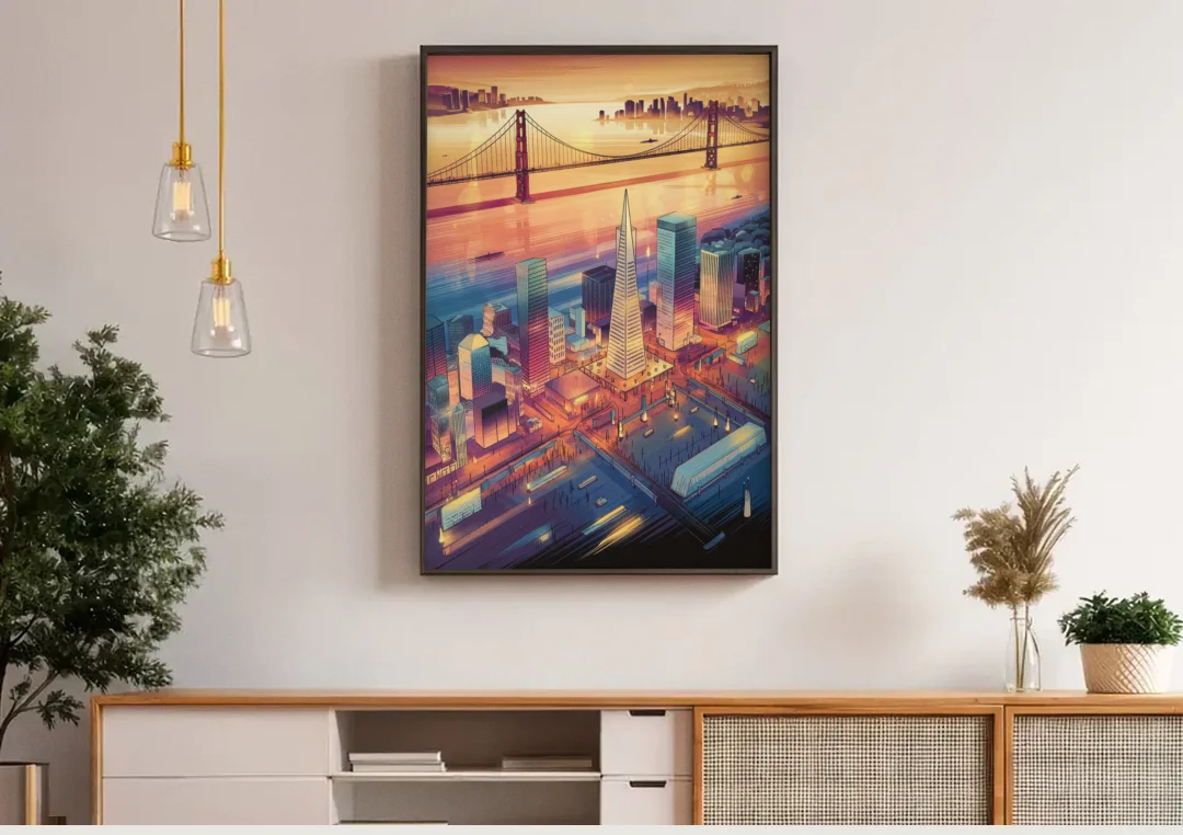 San Francisco Aerial View canvas wall art above a wooden sideboard under pendant lights