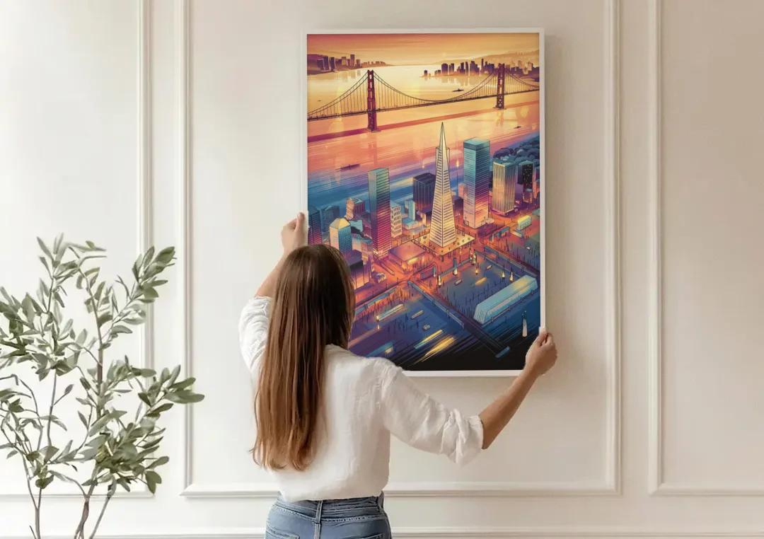 San Francisco Aerial View canvas wall art being hung on a paneled wall