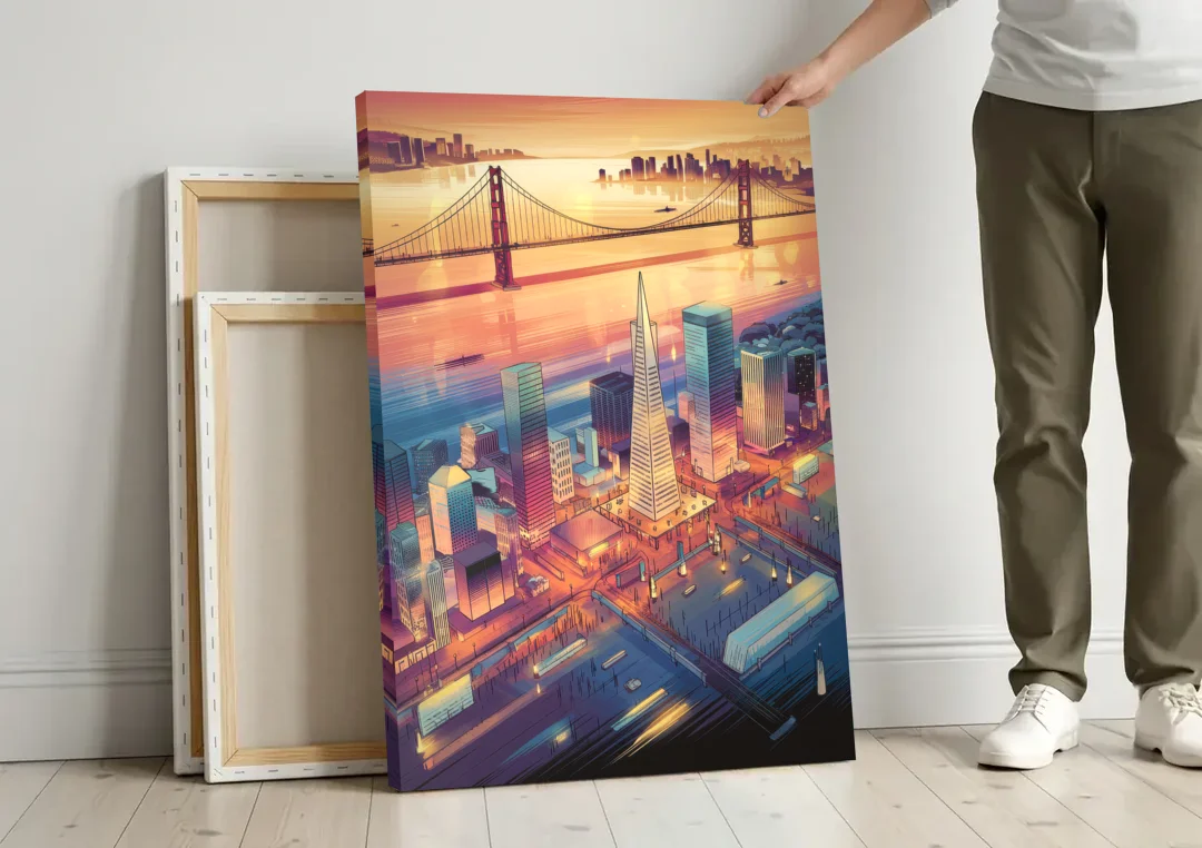 San Francisco Aerial View canvas wall art leaning against a wall next to blank canvases