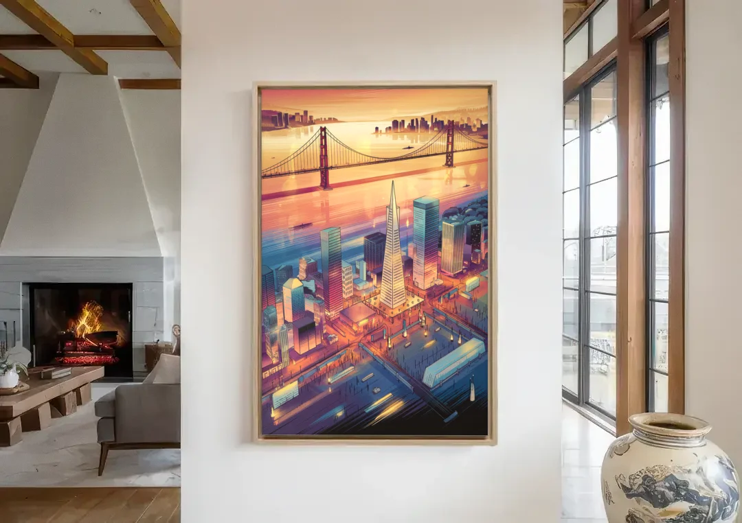 San Francisco Aerial View canvas wall art in a living room with a fireplace