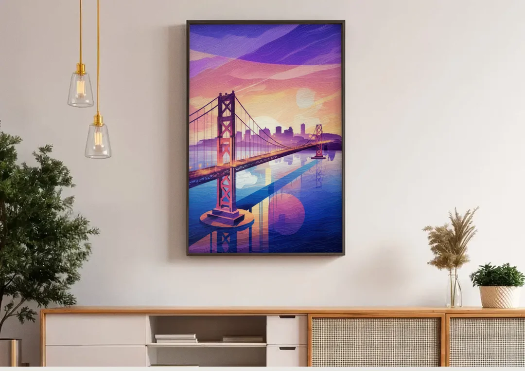 San Francisco Bay Bridge Panorama canvas wall art above a wooden sideboard under pendant lights