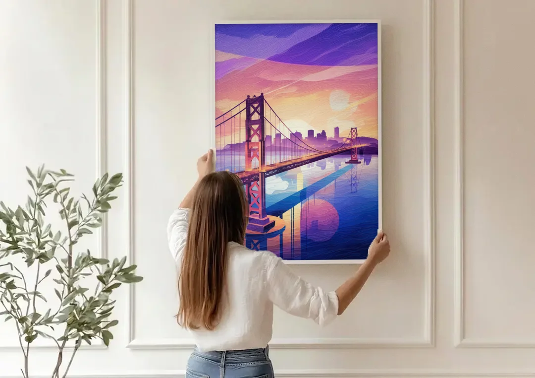 San Francisco Bay Bridge Panorama canvas wall art being hung on a paneled wall