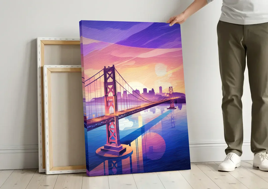 San Francisco Bay Bridge Panorama canvas wall art leaning against a wall next to blank canvases