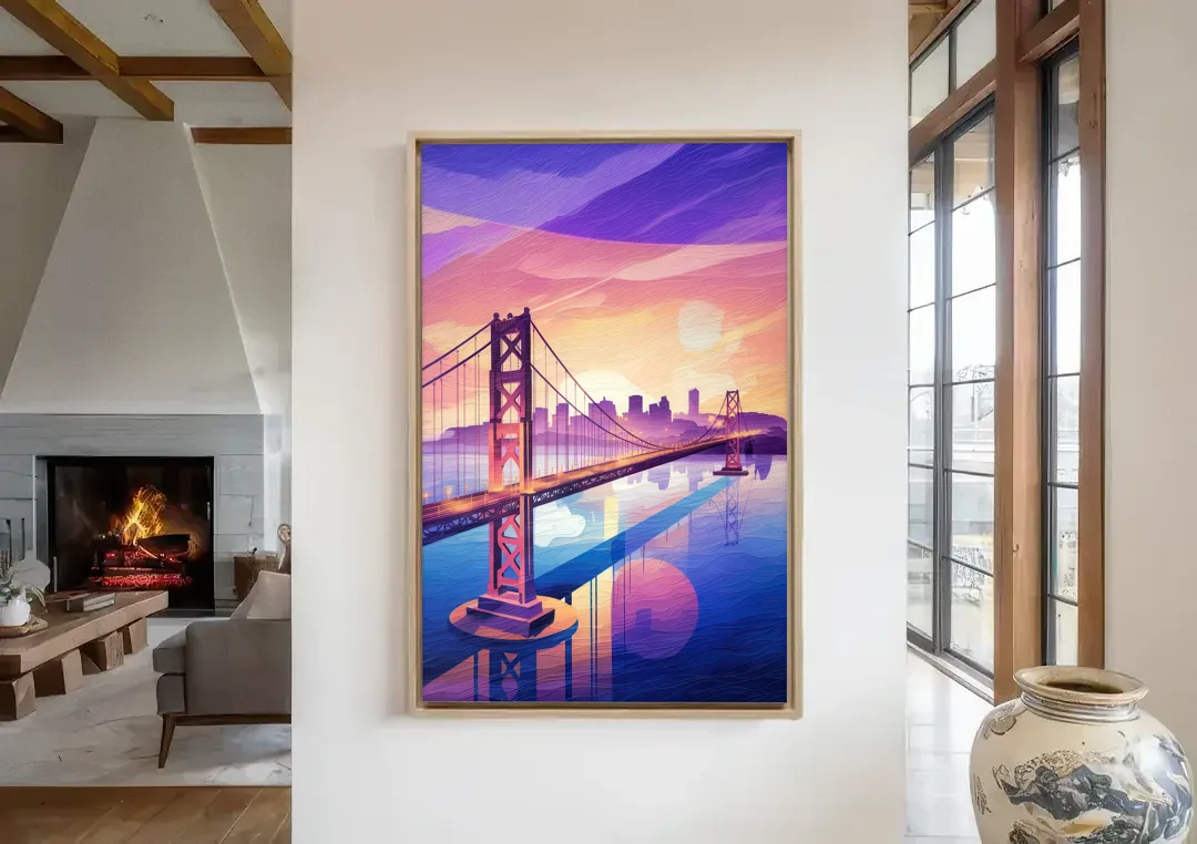 San Francisco Bay Bridge Panorama canvas wall art in a living room with a fireplace