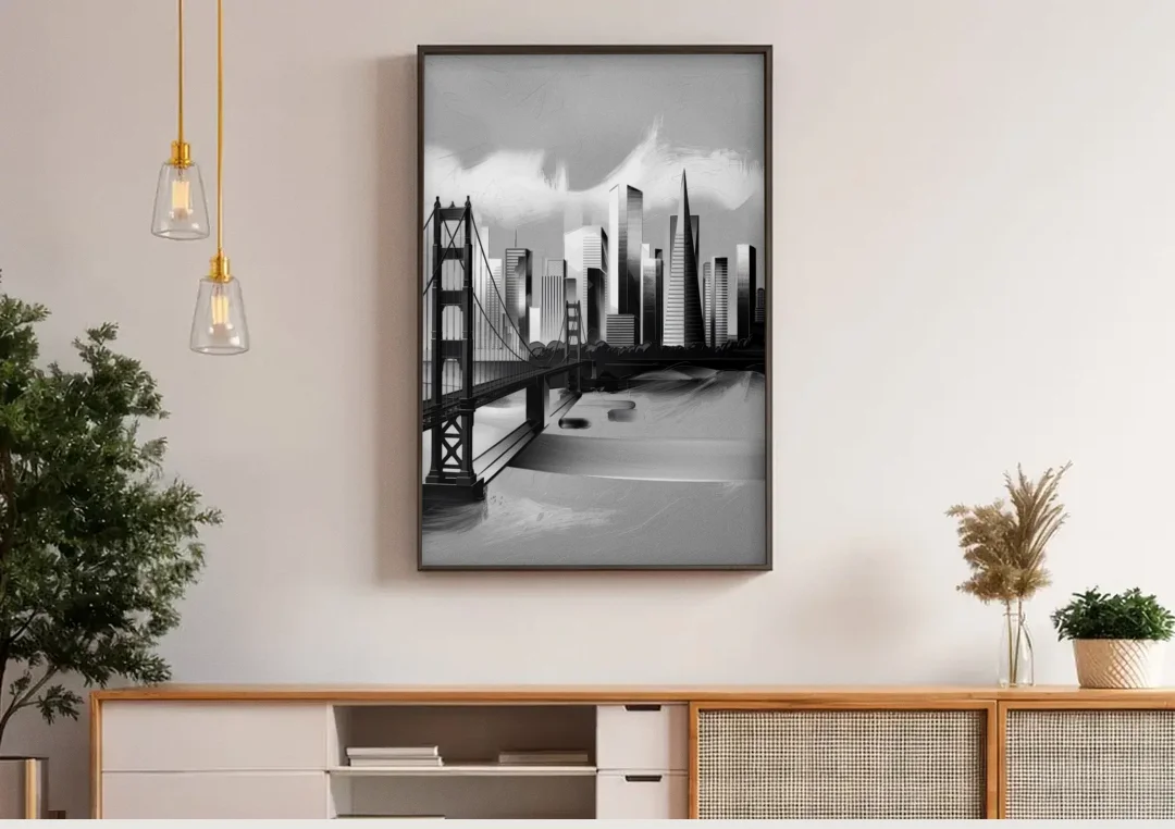 San Francisco Black and White Skyline canvas wall art above a wooden sideboard under pendant lights