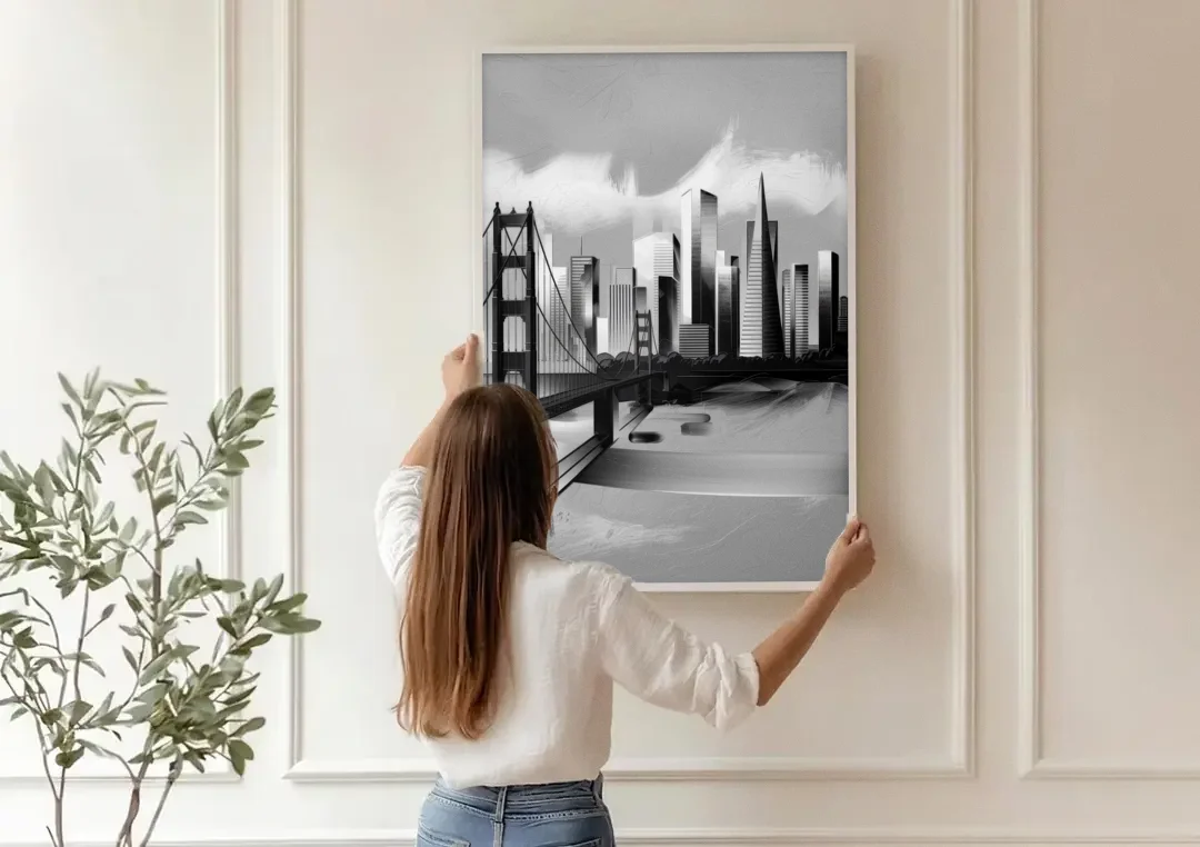 San Francisco Black and White Skyline canvas wall art being hung on a paneled wall