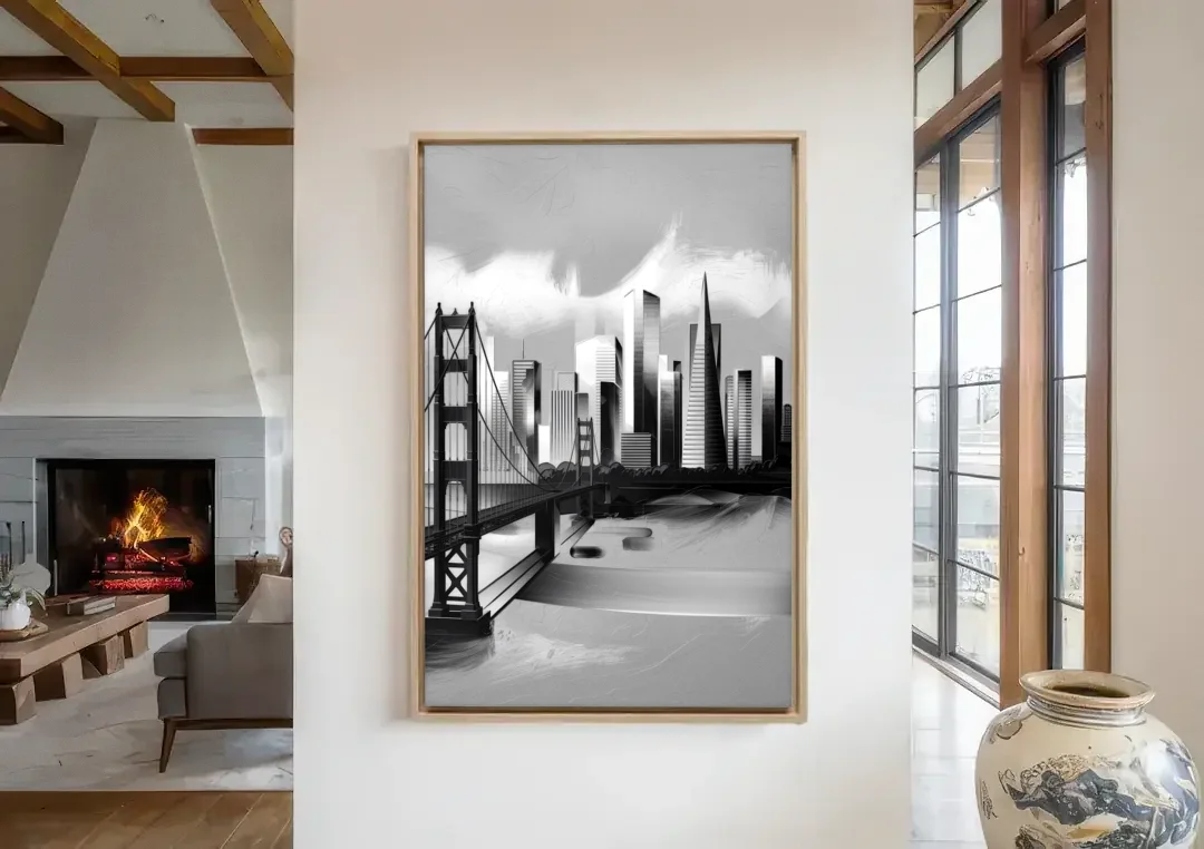 San Francisco Black and White Skyline canvas wall art in a living room with a fireplace