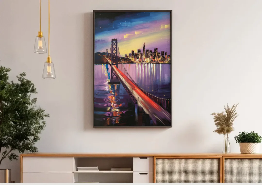 San Francisco City and Bay canvas wall art above a wooden sideboard under pendant lights