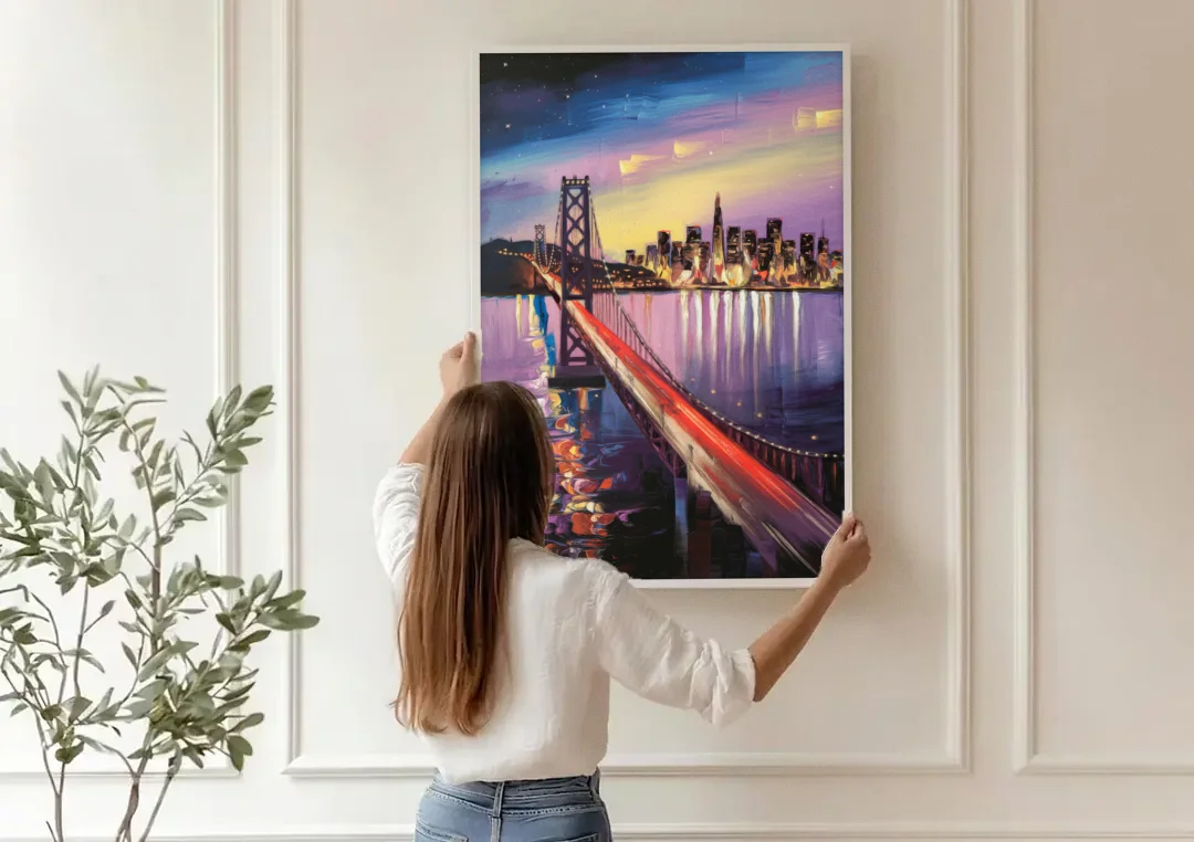 San Francisco City and Bay canvas wall art being hung on a paneled wall