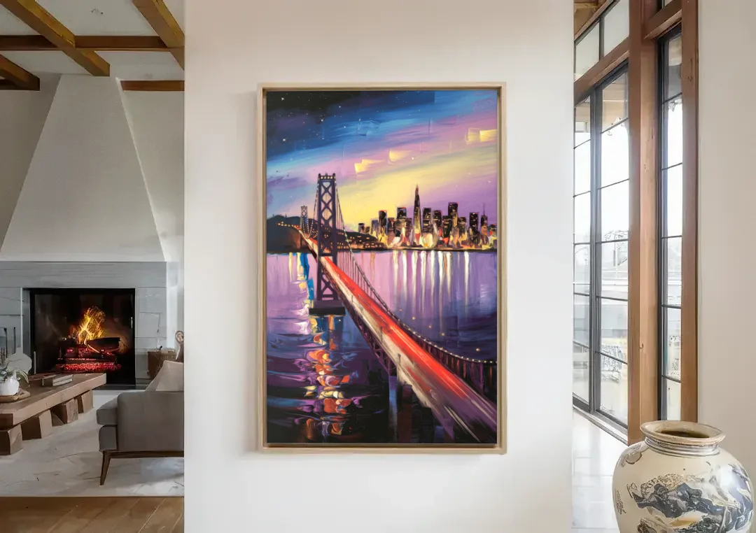 San Francisco City and Bay canvas wall art in a living room with a fireplace