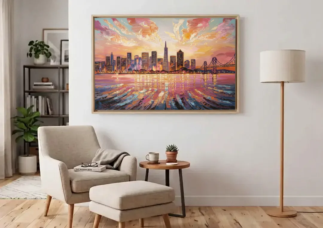 San Francisco Cityscape At Dawn canvas wall art above an armchair in a bright living room