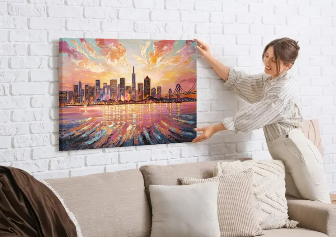 San Francisco Cityscape At Dawn canvas wall art being hung on a white brick wall above a sofa