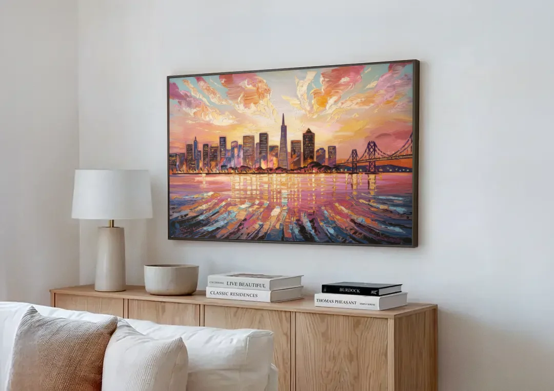 San Francisco Cityscape At Dawn canvas wall art above a wooden sideboard next to a sofa