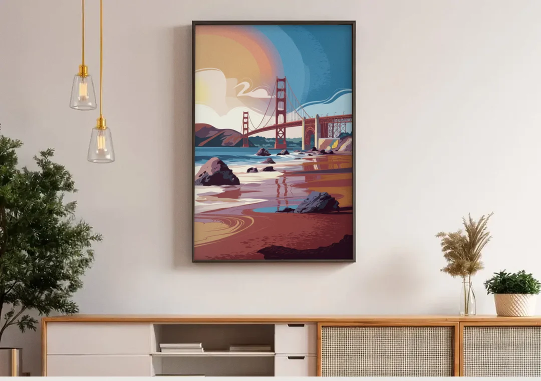 San Francisco Coastal Beauty canvas wall art above a wooden sideboard under pendant lights