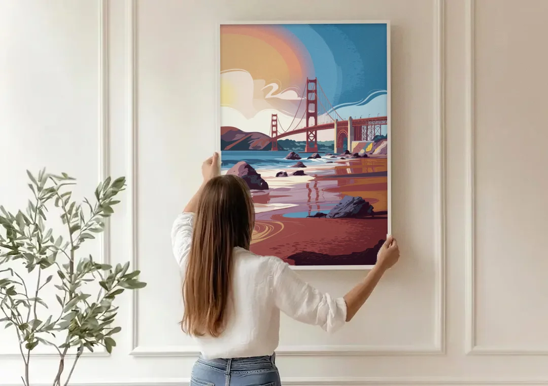 San Francisco Coastal Beauty canvas wall art being hung on a paneled wall
