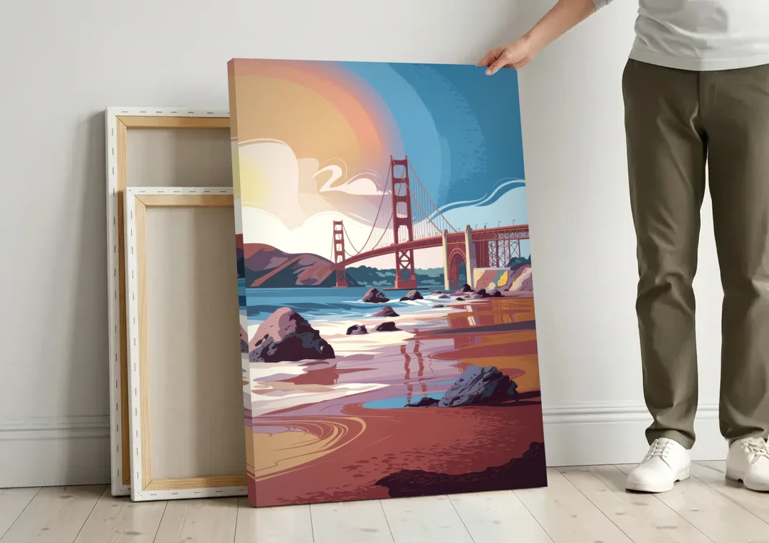 San Francisco Coastal Beauty canvas wall art leaning against a wall next to blank canvases