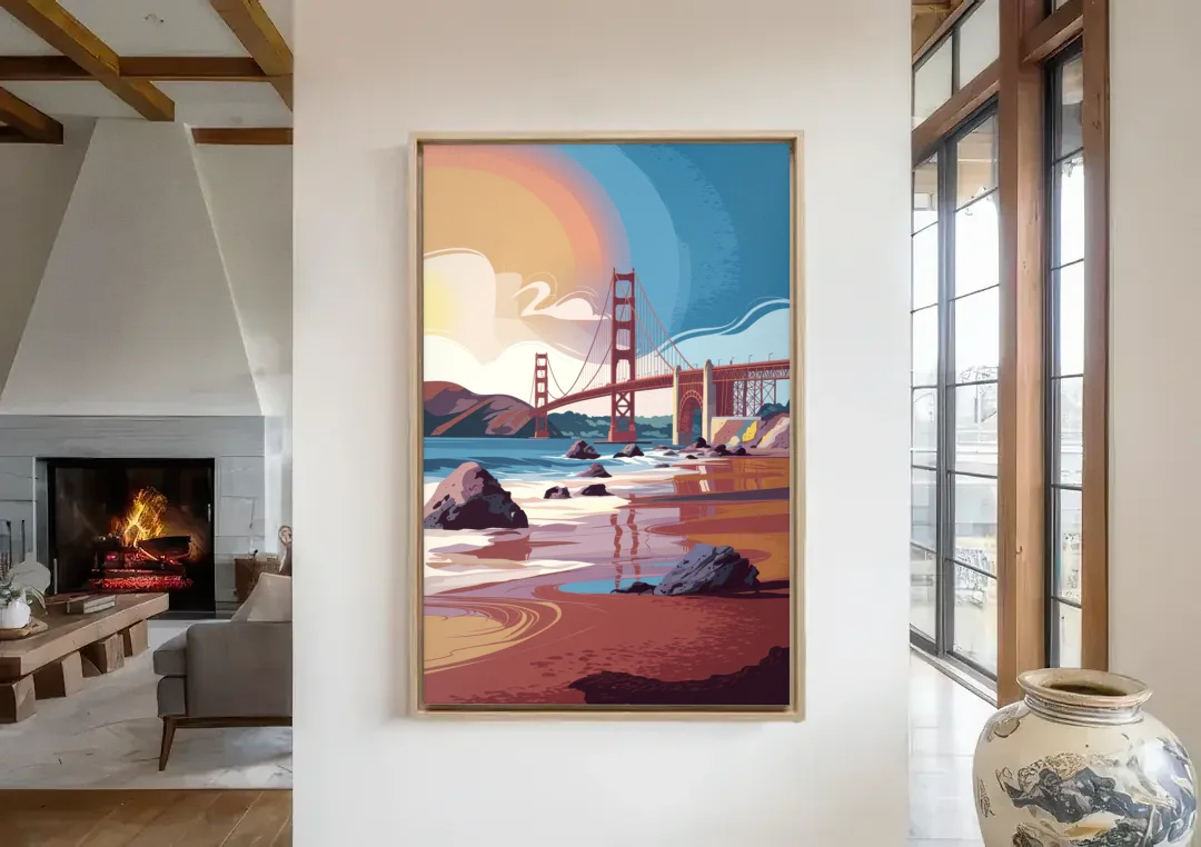 San Francisco Coastal Beauty canvas wall art in a living room with a fireplace