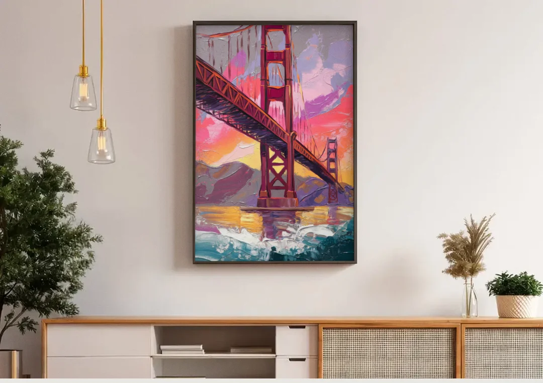 San Francisco Golden Gate Bridge canvas wall art above a wooden sideboard under pendant lights