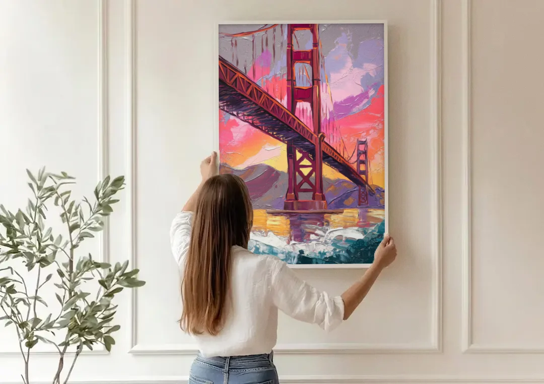 San Francisco Golden Gate Bridge canvas wall art being hung on a paneled wall