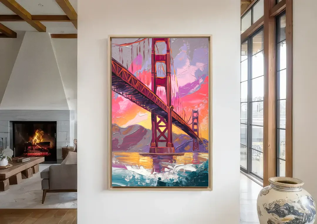 San Francisco Golden Gate Bridge canvas wall art in a living room with a fireplace