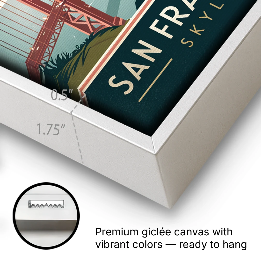 San Francisco Golden Gate Bridge Skyline - White Framed Canvas Wall Art - Gallery Wrap Corner
